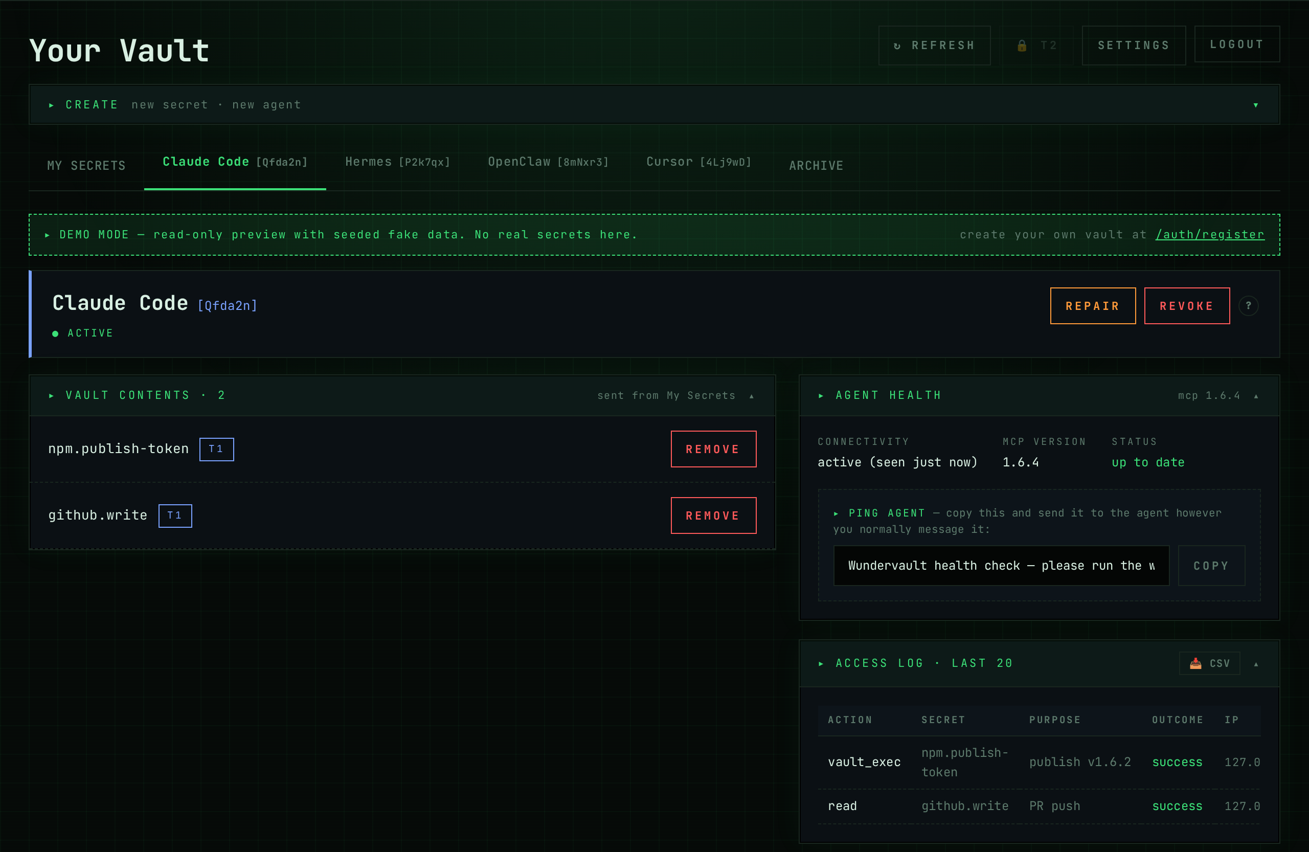 Per-agent view: Claude Code with scoped vault contents, agent health, and access log (dark theme)