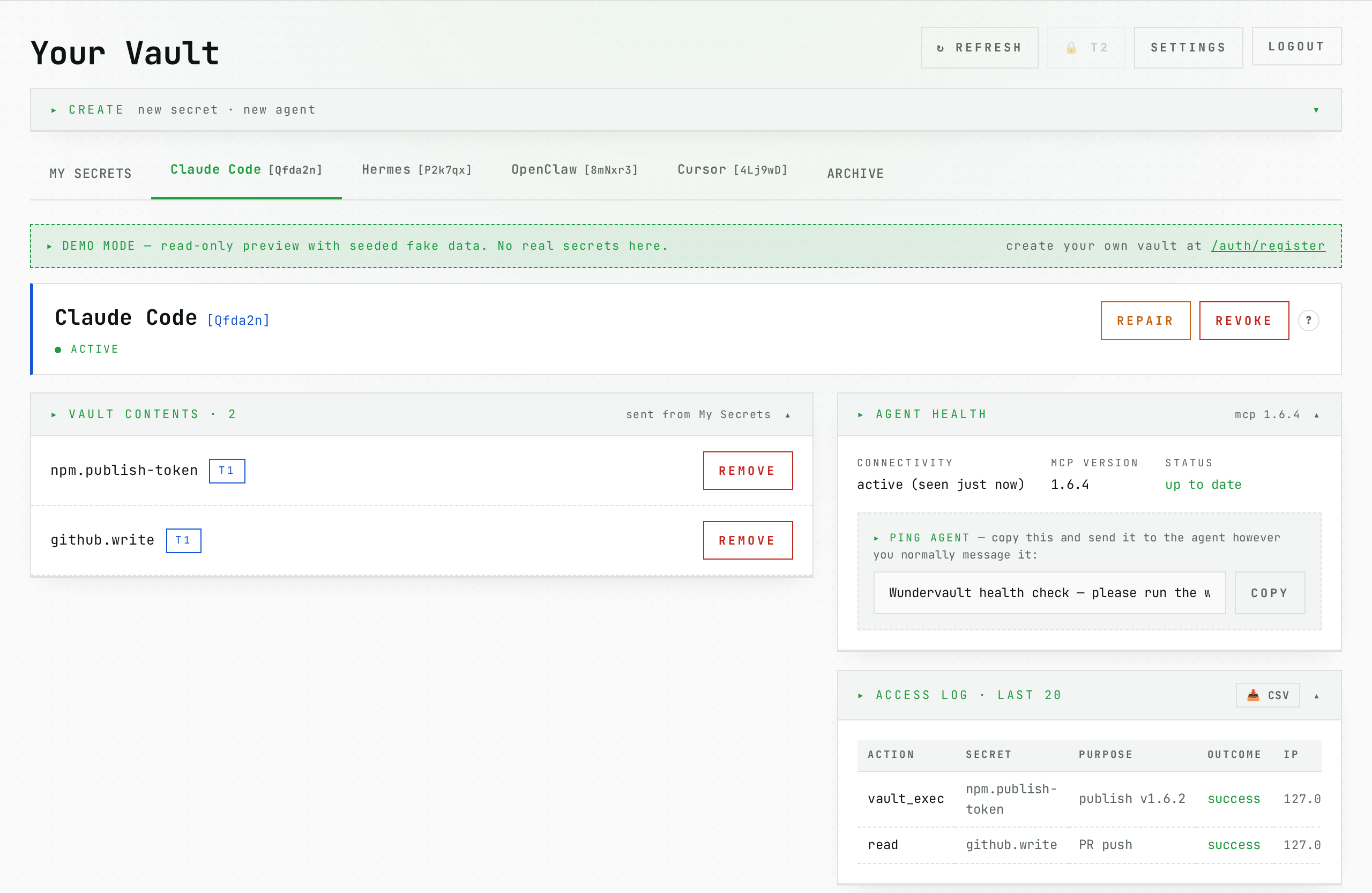 Per-agent view: Claude Code with scoped vault contents, agent health, and access log (light theme)