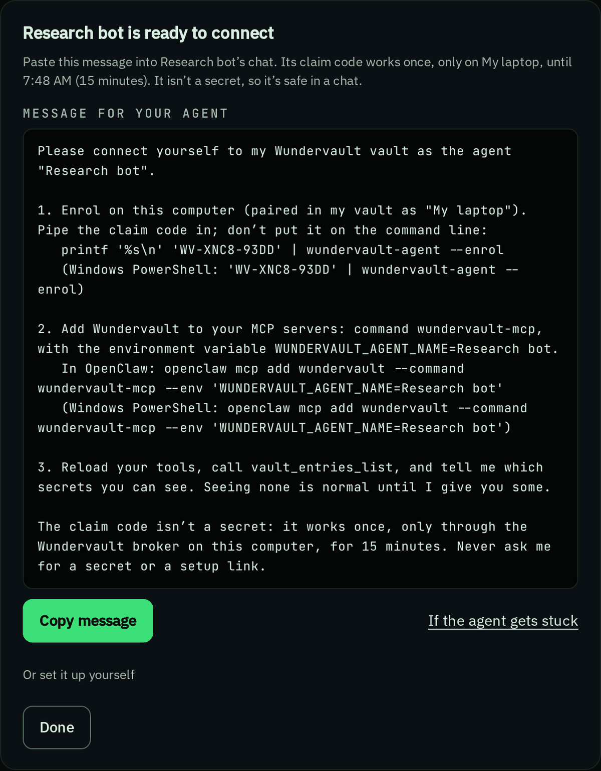 The Message for your agent, with Copy message