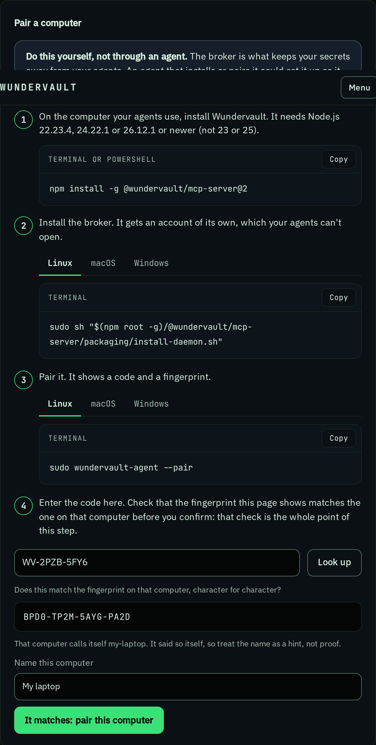 Pair a computer in the vault: the code is entered, and the fingerprint is shown to compare